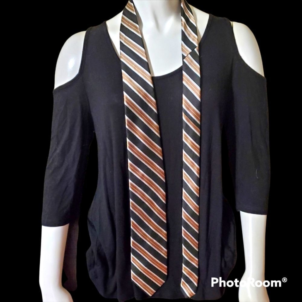 Nautica Black, Tan, & White Striped Silk Tie